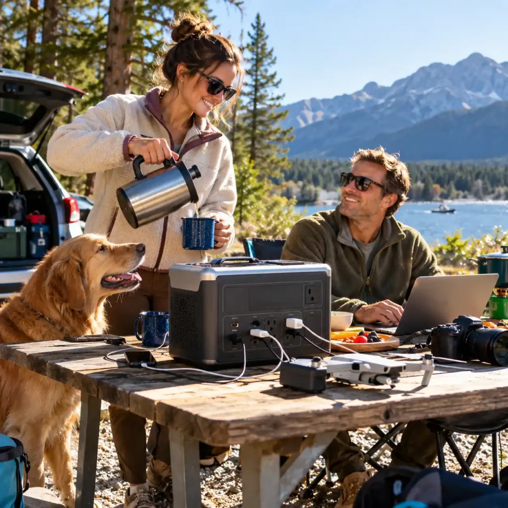Two people using a portable power station at an outdoor campsite beside a mountain lake