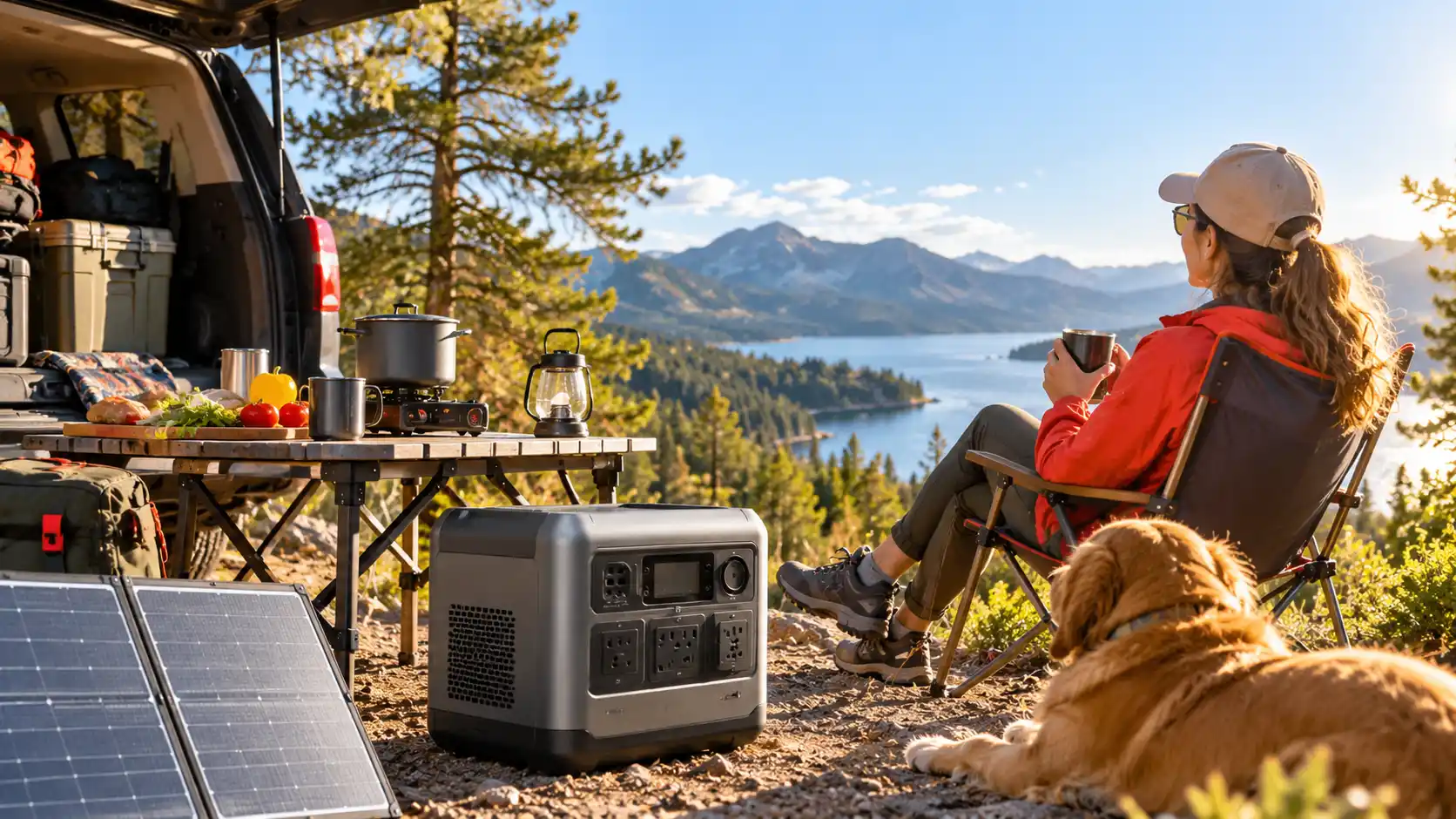 Portable power station beside solar panels and camping gear at a mountain campsite
