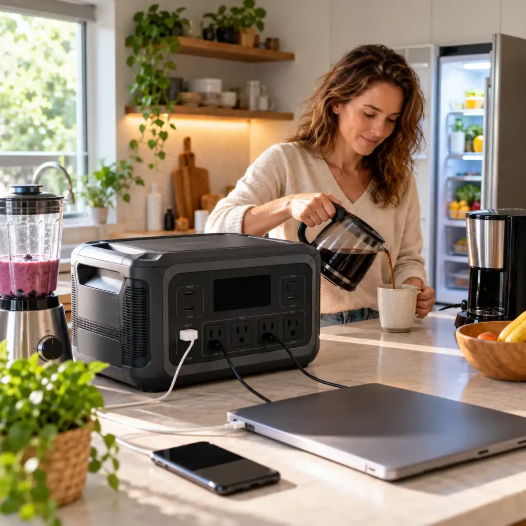 Woman pouring coffee in a kitchen beside a portable power station connected to a laptop and smartphone, with a blender and coffee maker on the counter.