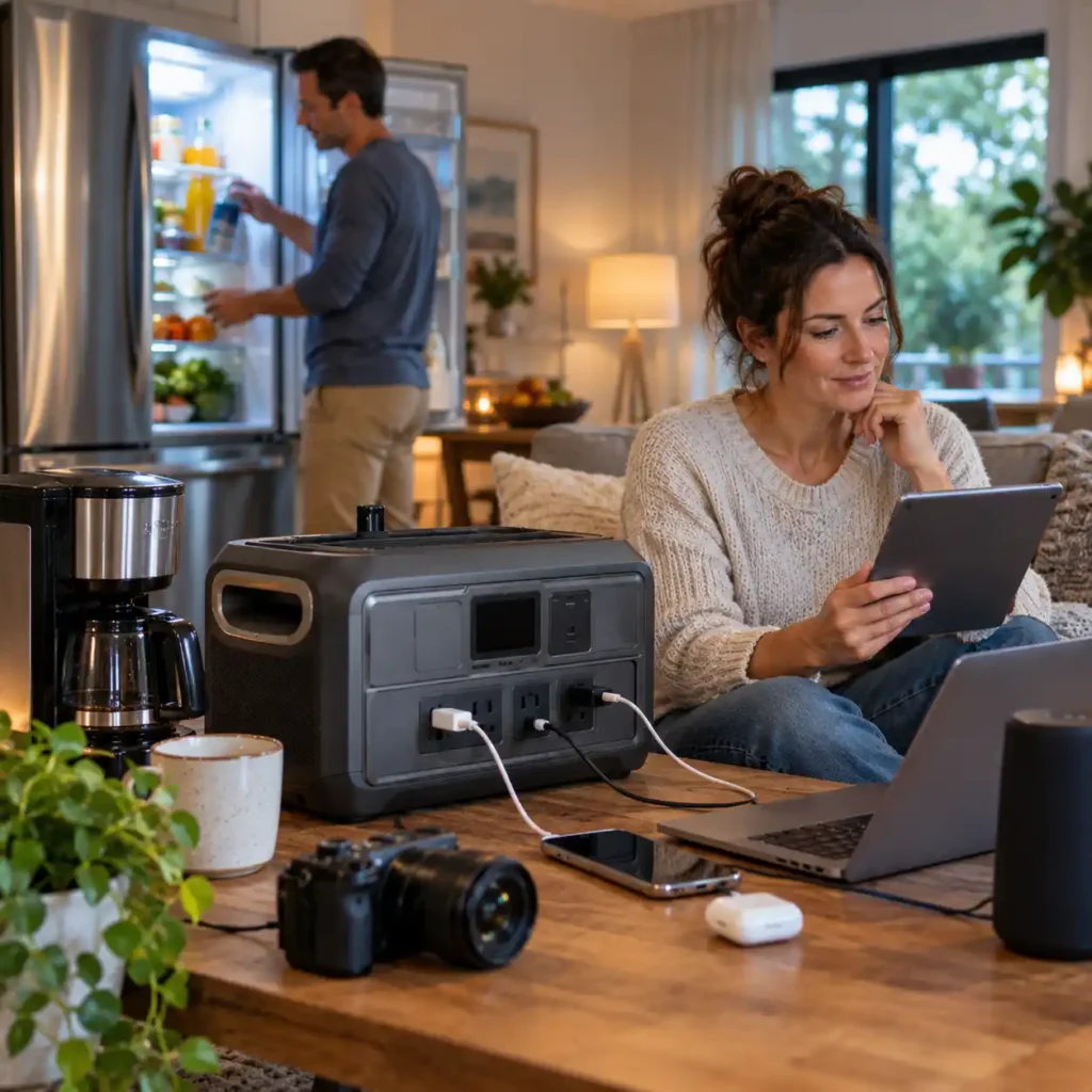 Woman using a tablet beside a portable power station connected to household devices in a living room.