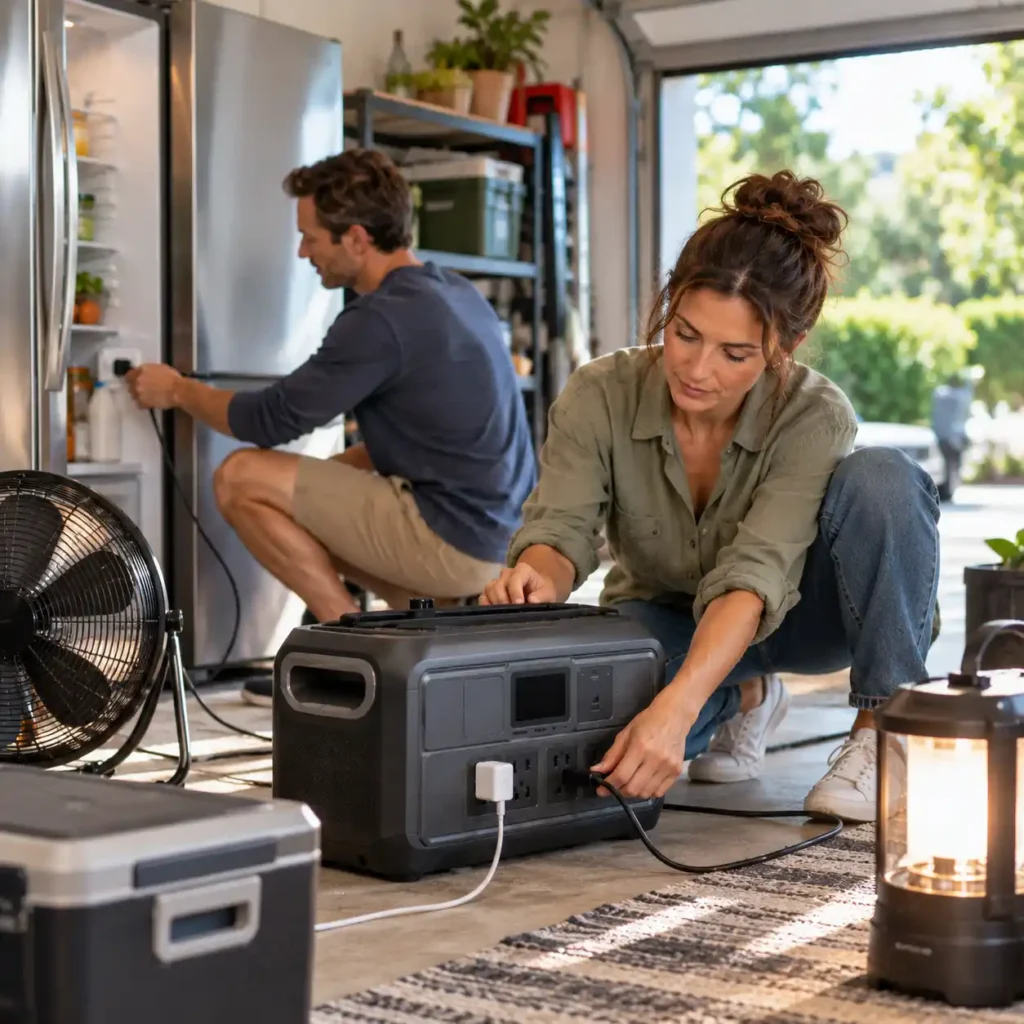 Woman connecting a cable to a portable power station in a garage while a man plugs in a refrigerator.