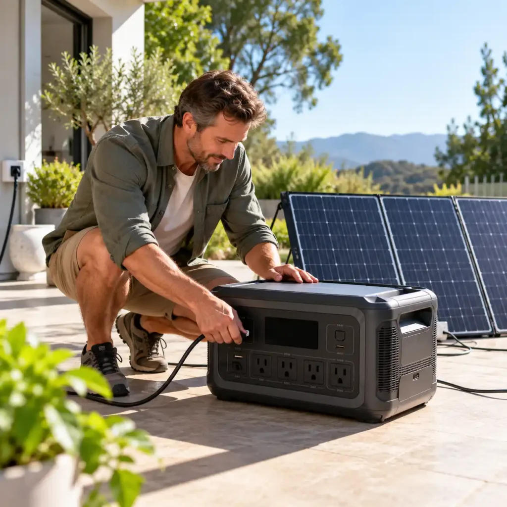 Man connecting a cable to a portable power station beside solar panels on a sunny patio.