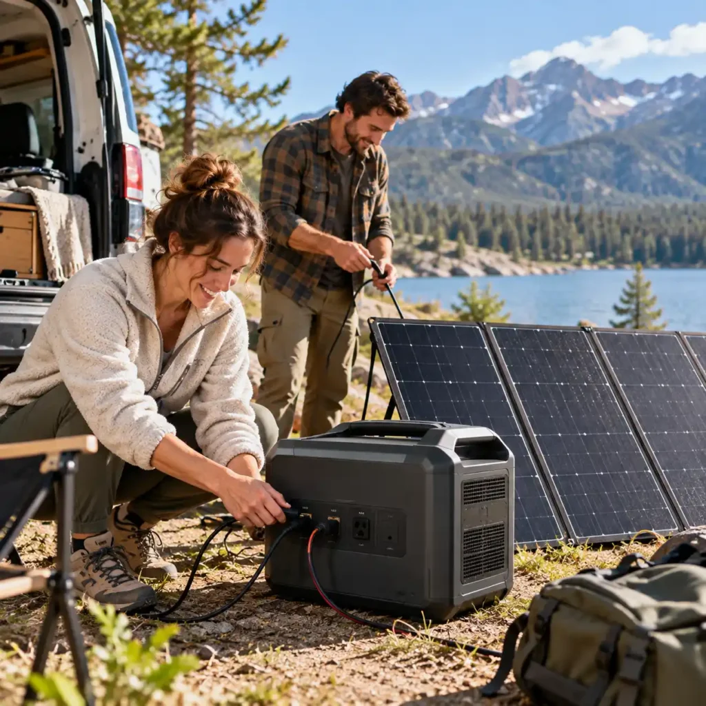 Couple connecting a portable power station to solar panels at a lakeside campsite
