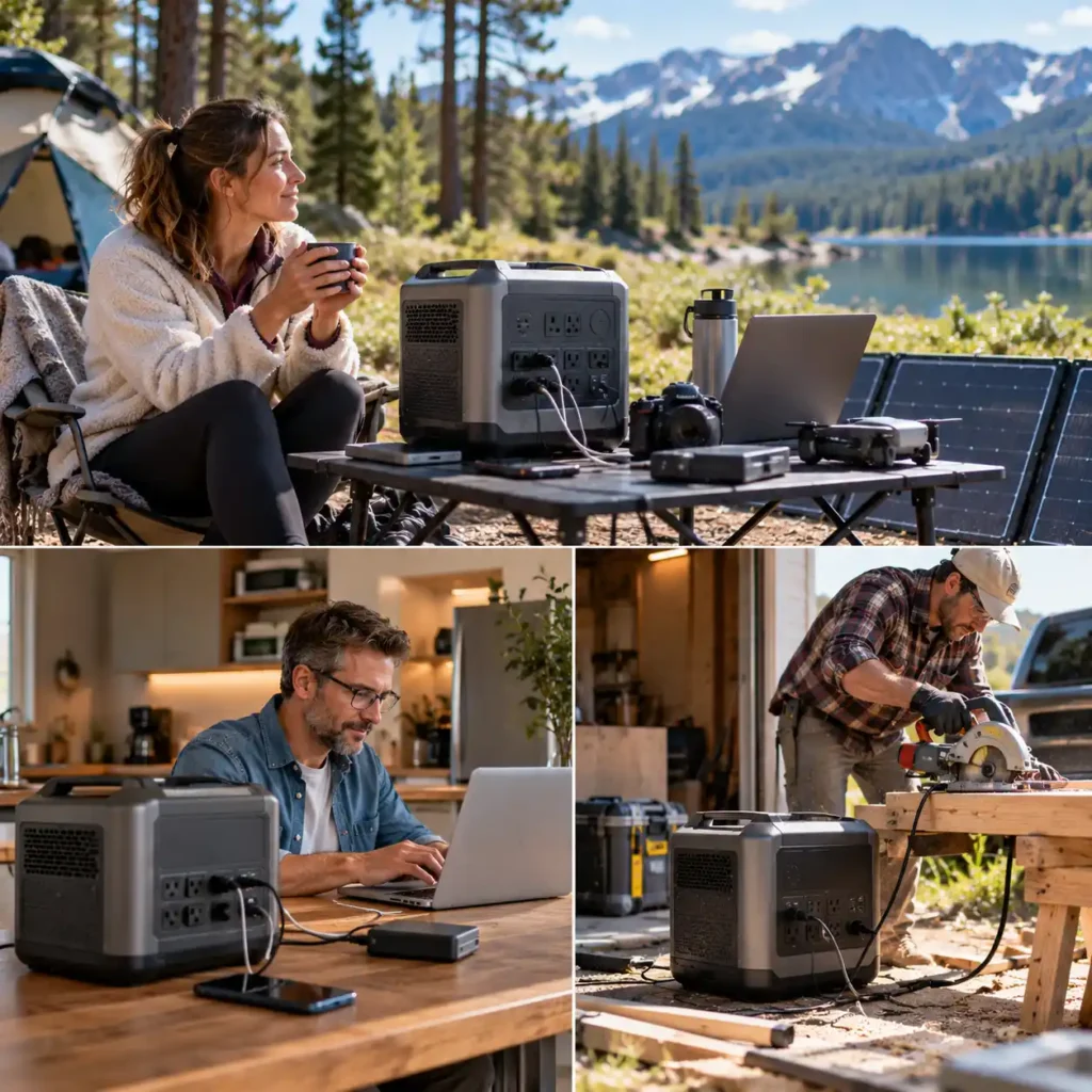 People using a portable power station for camping, home work, and workshop equipment