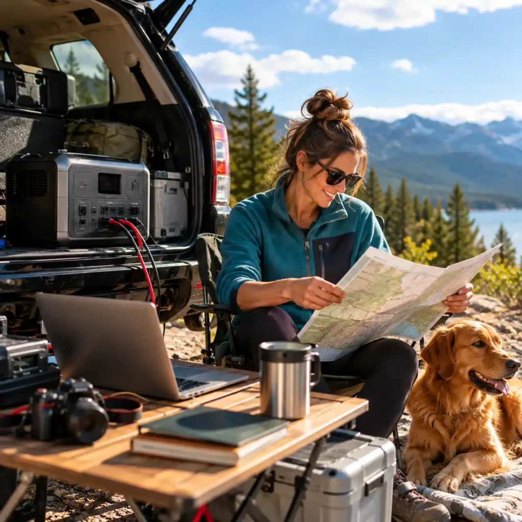Woman reading a map beside an SUV with a portable power station and camping gear
