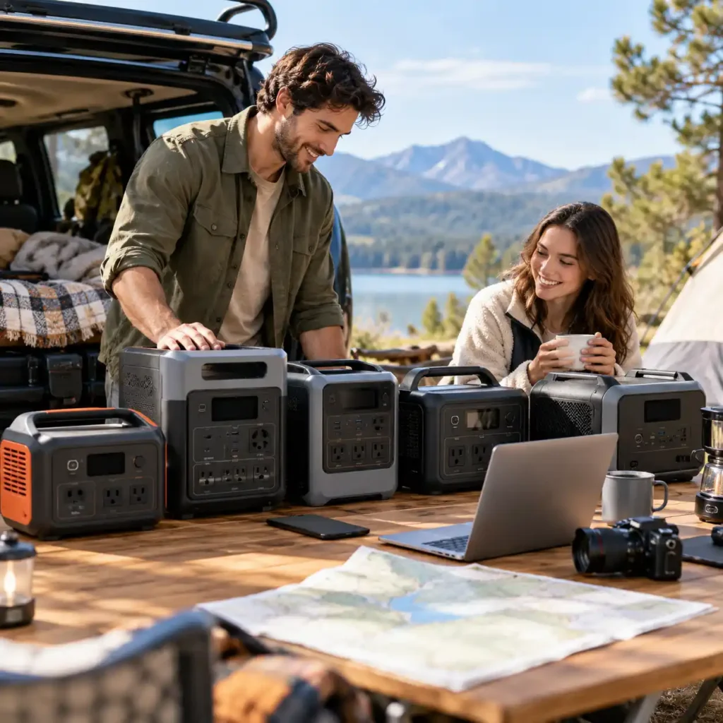 Several portable power stations arranged on an outdoor table beside a laptop and camera, with two people at a mountain campsite