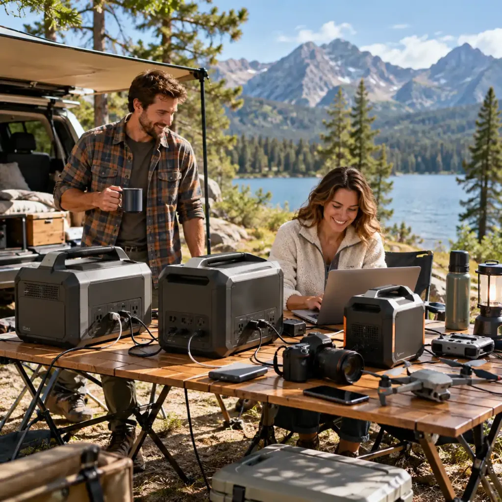 Couple using different portable power stations at a lakeside campsite with outdoor electronics
