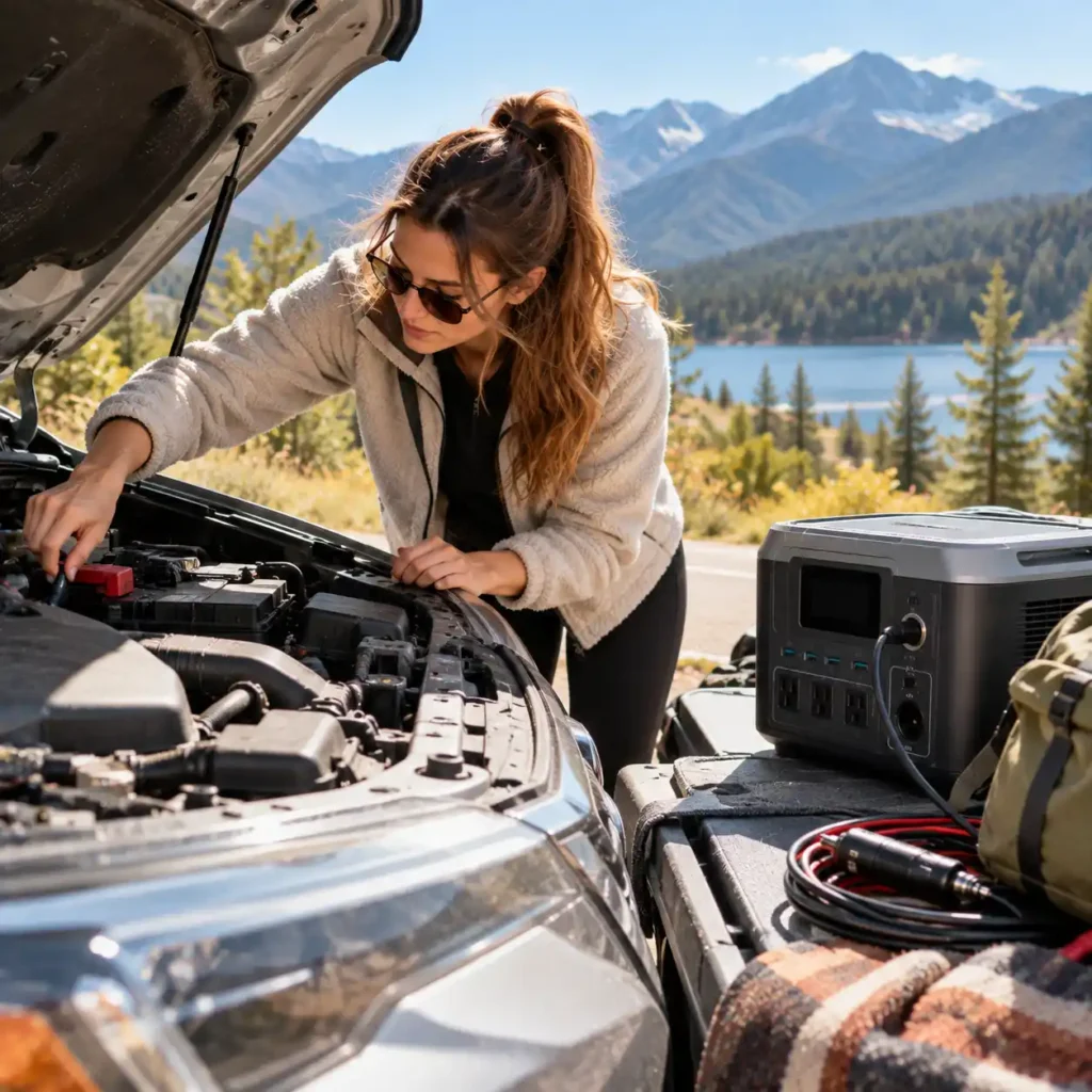 A woman inspects the open hood of an SUV beside a portable power station and charging cables at a mountain lakeside.