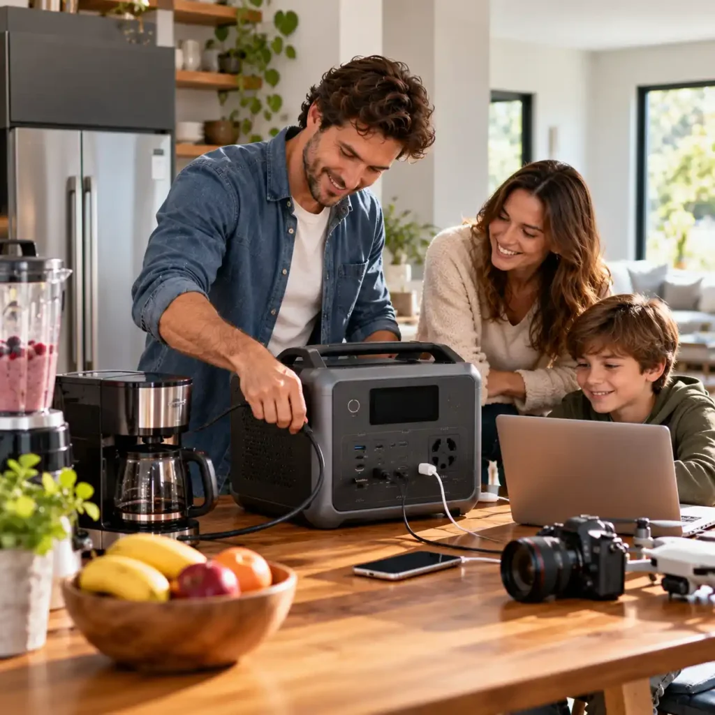 Family gathered around a portable power station in a bright kitchen, with a man connecting a cable and a child using a laptop