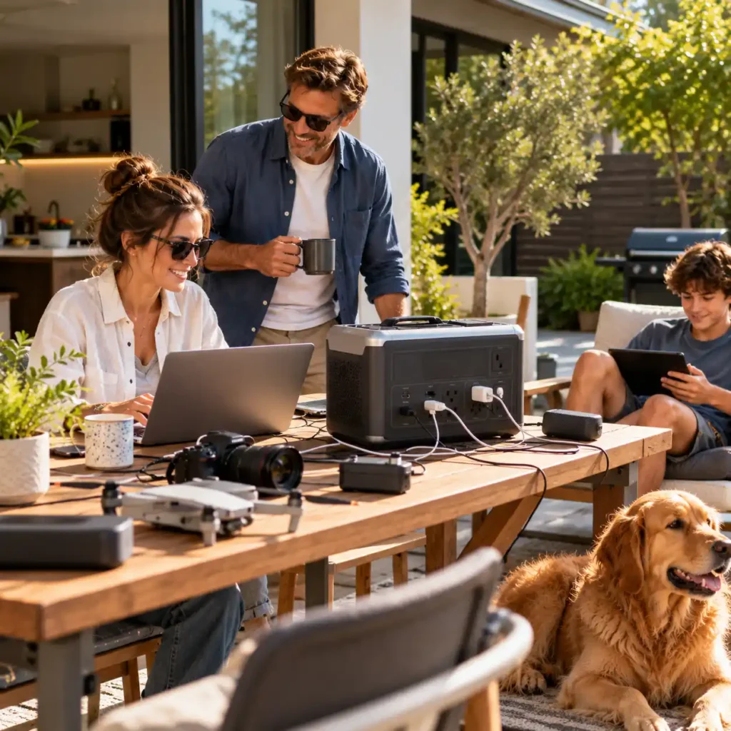 Family using a portable power station to power laptops and outdoor devices on a sunny patio