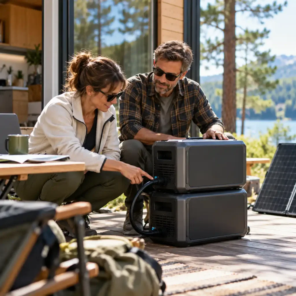 Two people connecting stacked portable power equipment beside a cabin with a lake in the background